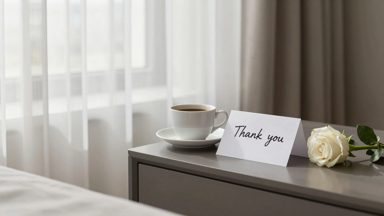 A serene hotel room with a handwritten thank-you note, coffee, and a rose on the nightstand.