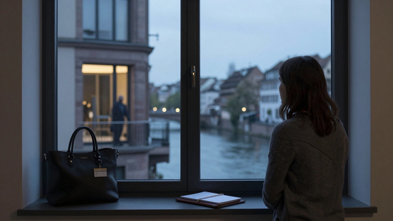 A woman looks out from her Strasbourg apartment window at twilight, the city lights glowing softly across the river.
