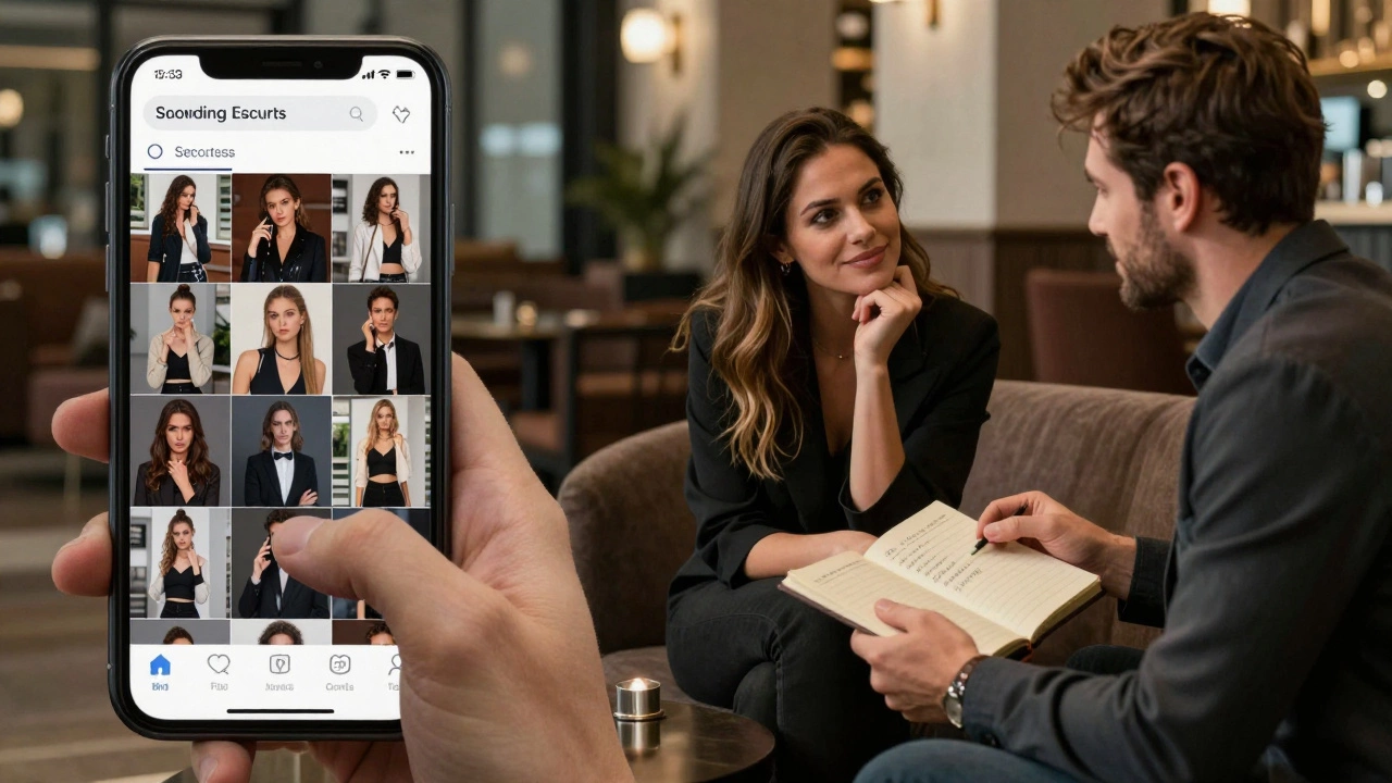 Split image: one side shows a man scrolling through photos, the other shows him talking respectfully with a woman.