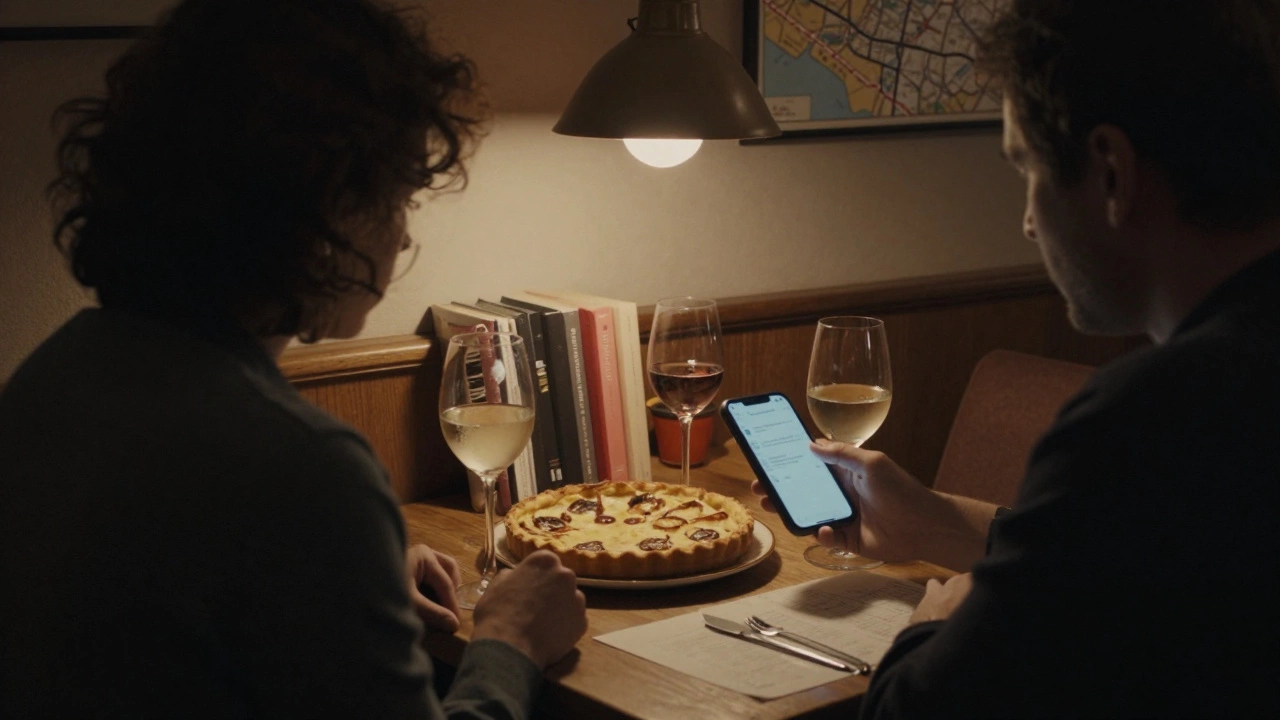 Two people share a quiet evening meal in a cozy Strasbourg café, with a messaging app visible on the table.